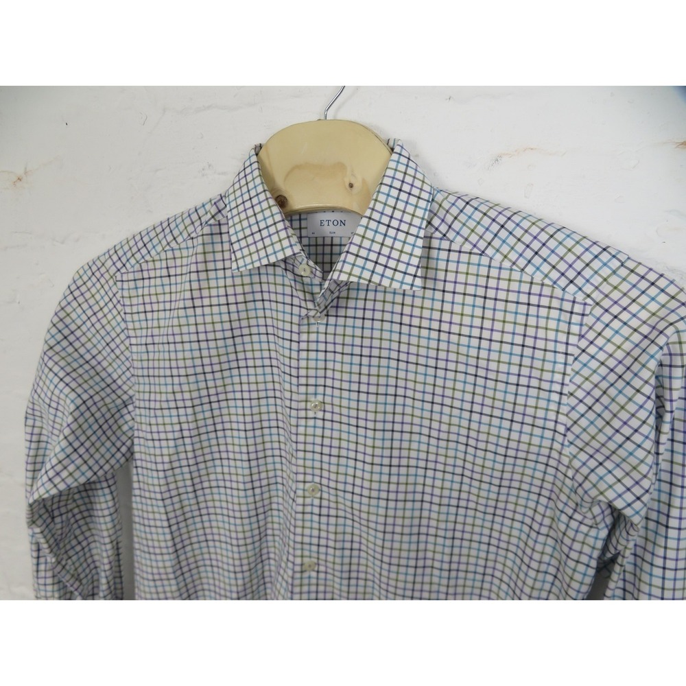Eton Shirt Mens 17.5 44 White Slim Fit Check Dress Long Sleeve Button Front